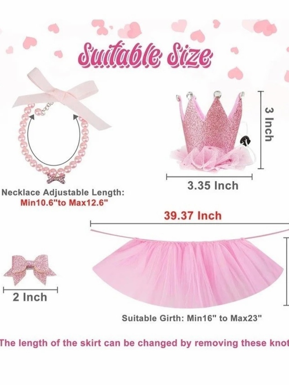 Pink Dog Accessories: Tutu, Crown, Necklace, Bow Hairclip